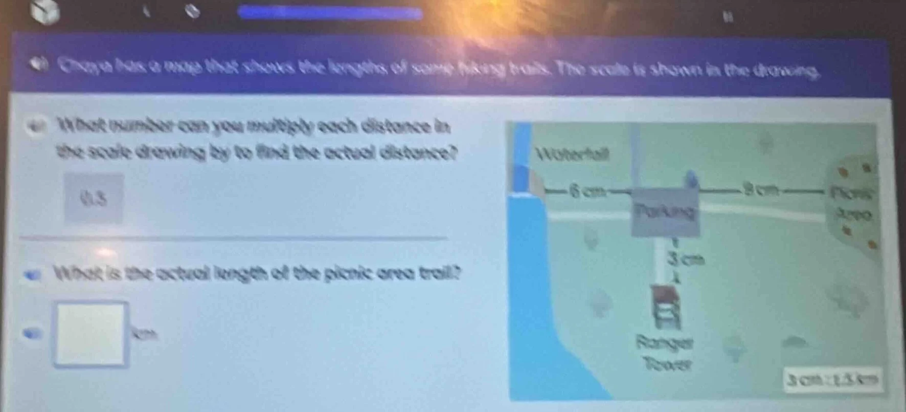 onaya has a map that shows the lengths of some hiking trails. the scale…