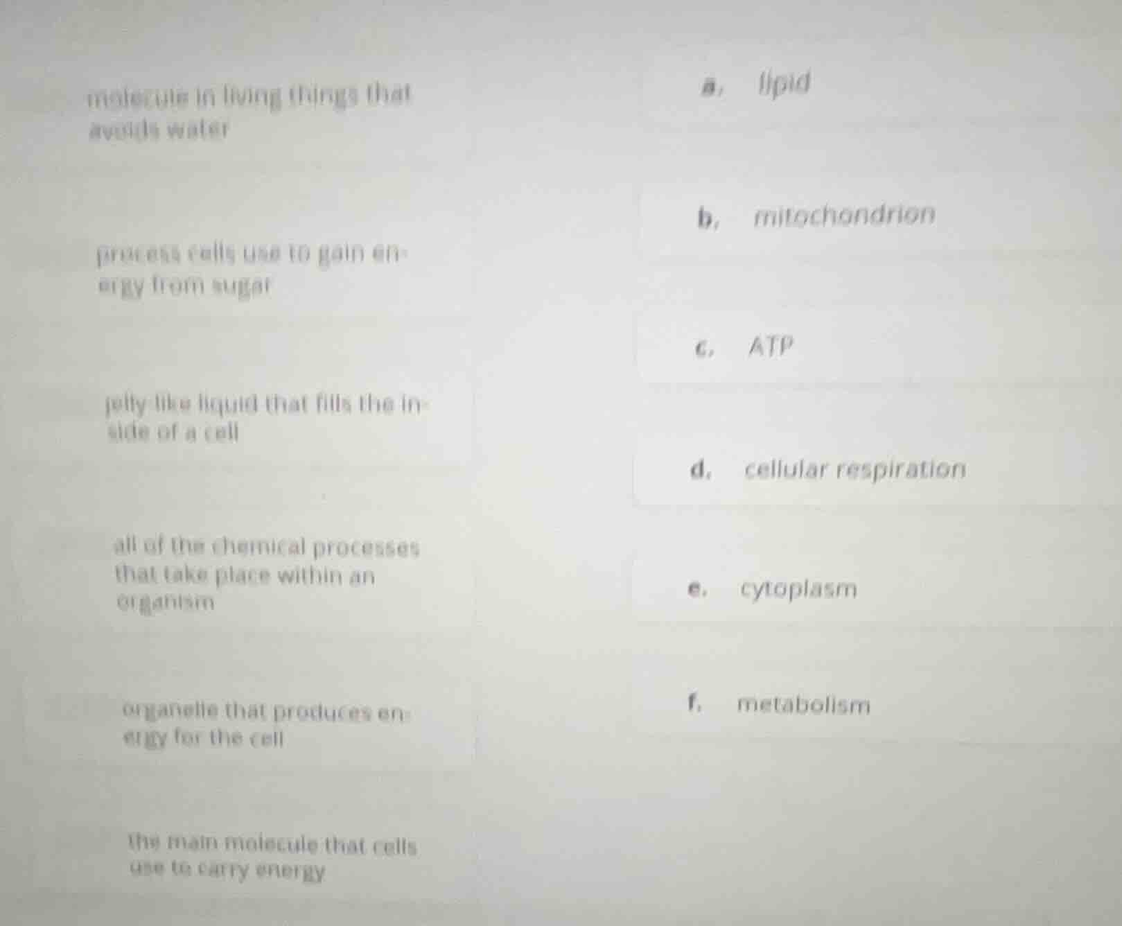 molecule in living things that avoids water a, lipid process cells use …