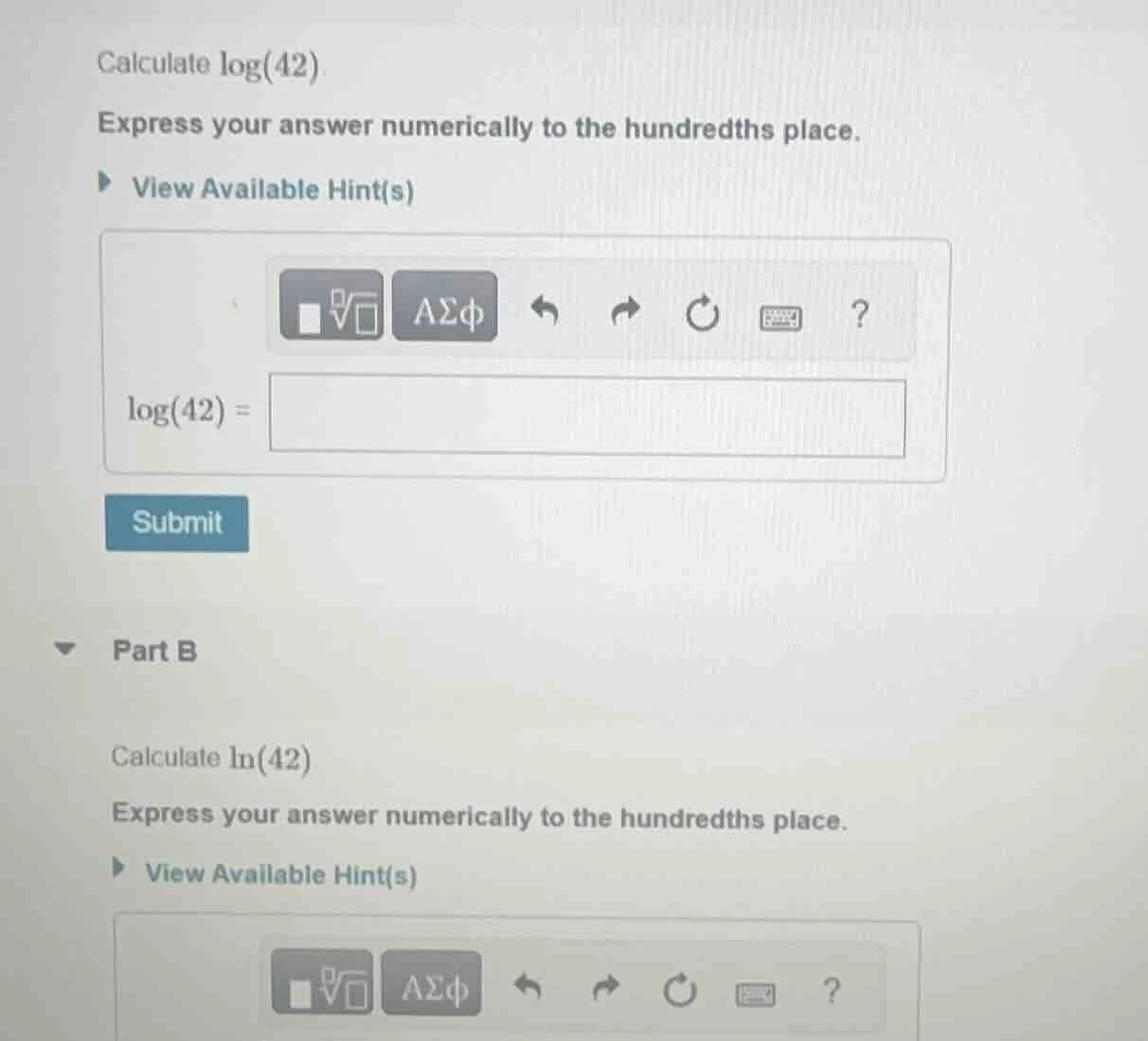 calculate log(42) express your answer numerically to the hundredths pla…