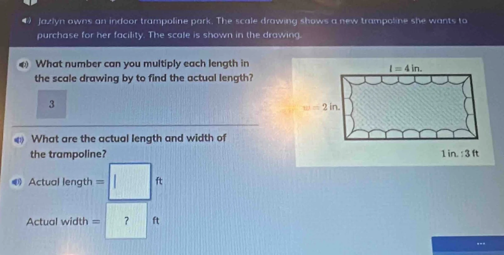 jazlyn owns an indoor trampoline park. the scale drawing shows a new tr…
