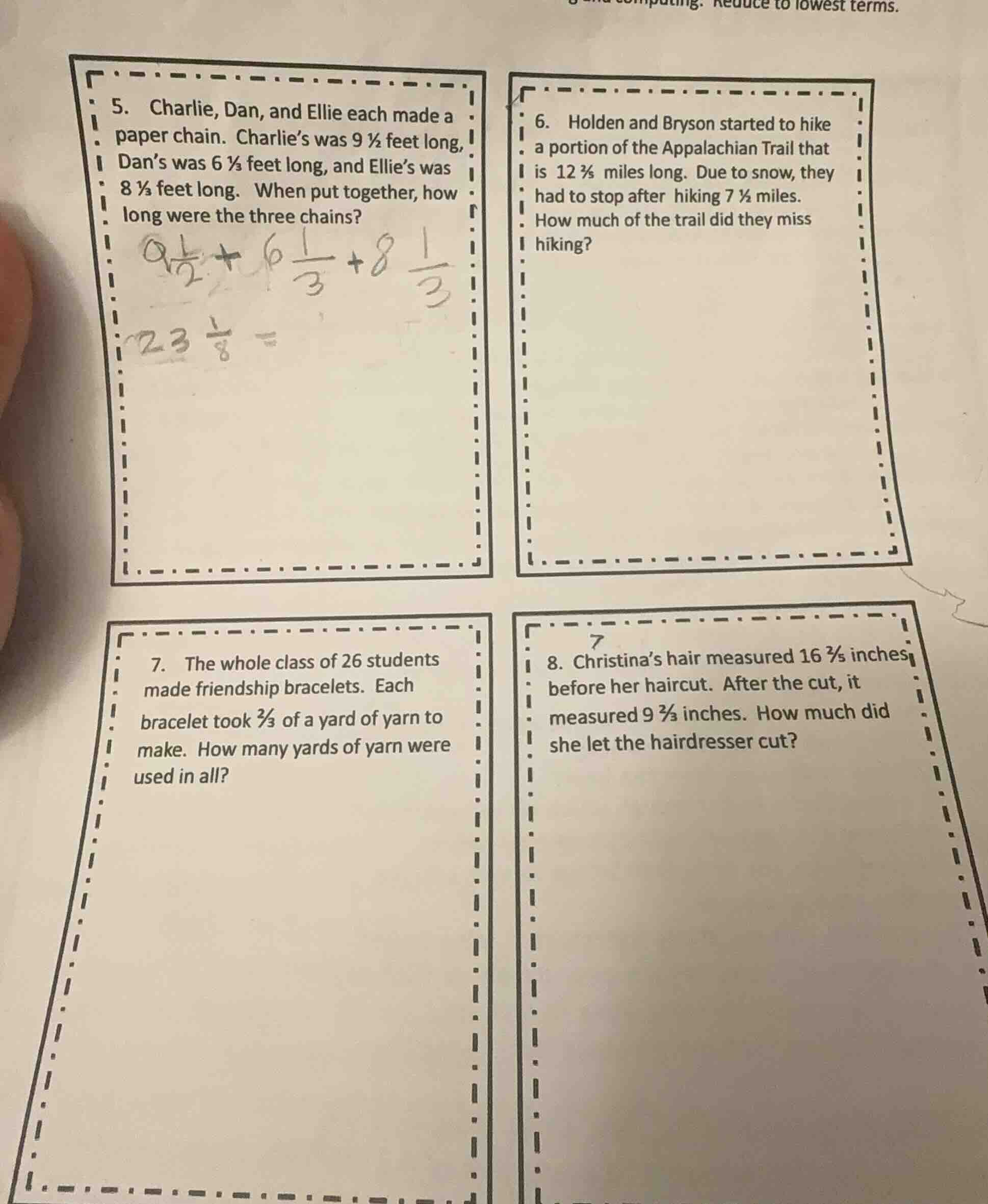 5. charlie, dan, and ellie each made a paper chain. charlie’s was 9 ½ f…