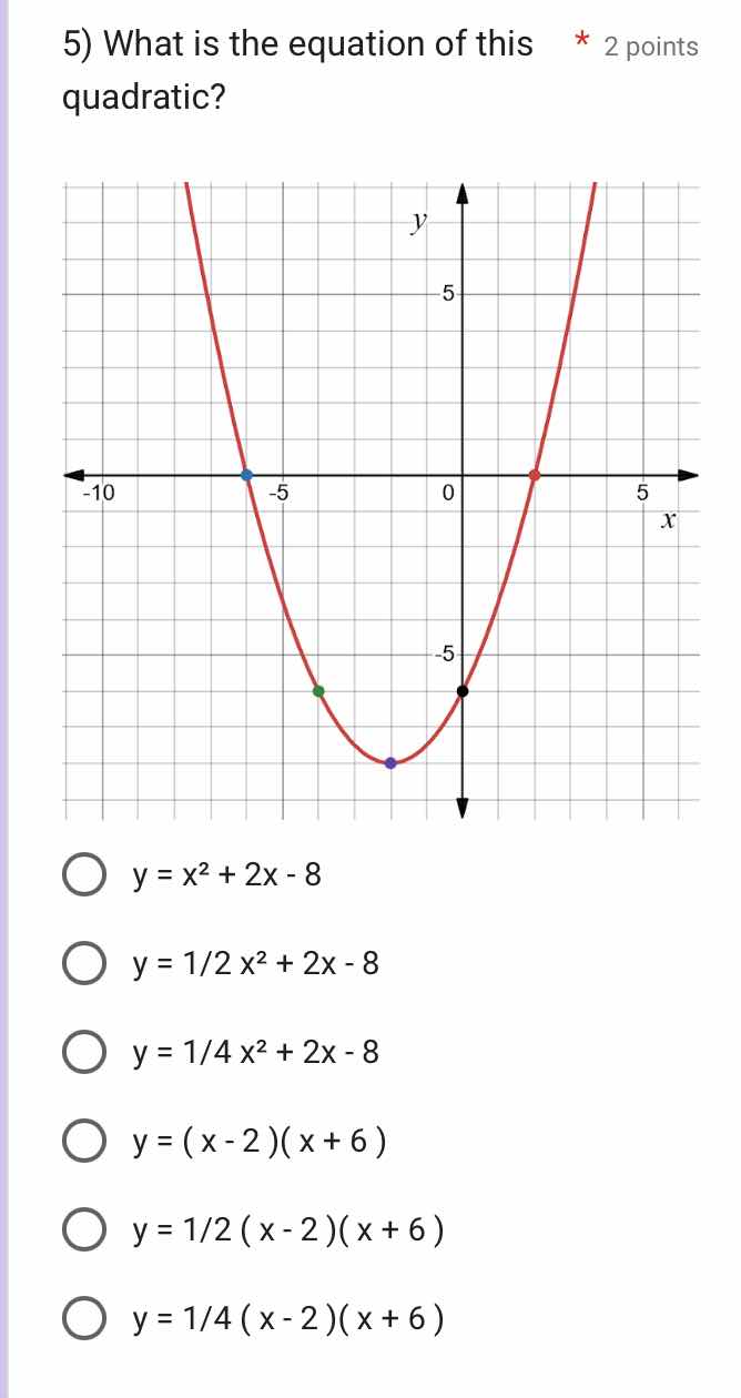 5) what is the equation of this quadratic? graph of a parabola with x-i…