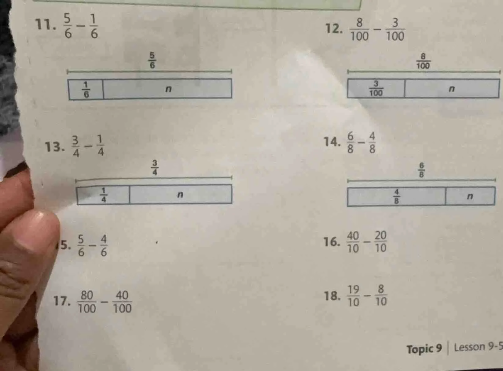 11. \\(\\frac{5}{6} - \\frac{1}{6}\\) 12. \\(\\frac{8}{100} - \\frac{3}…
