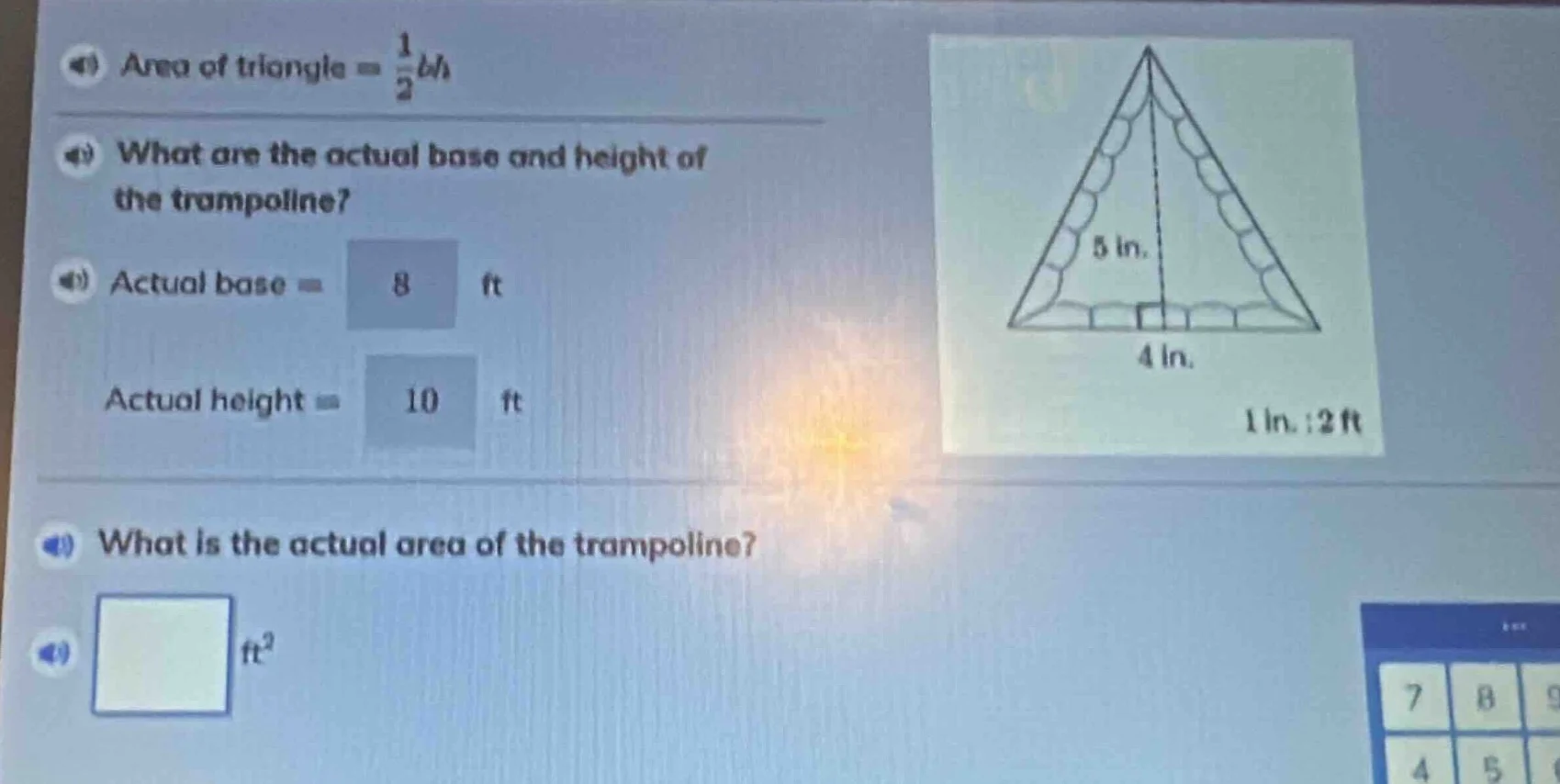 area of triangle = \\(\\frac{1}{2}bh\\) what are the actual base and he…