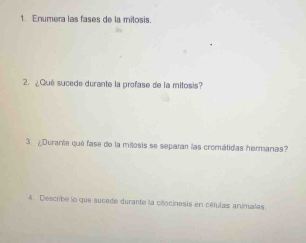 1. enumera las fases de la mitosis. 2. ¿qué sucede durante la profase d…