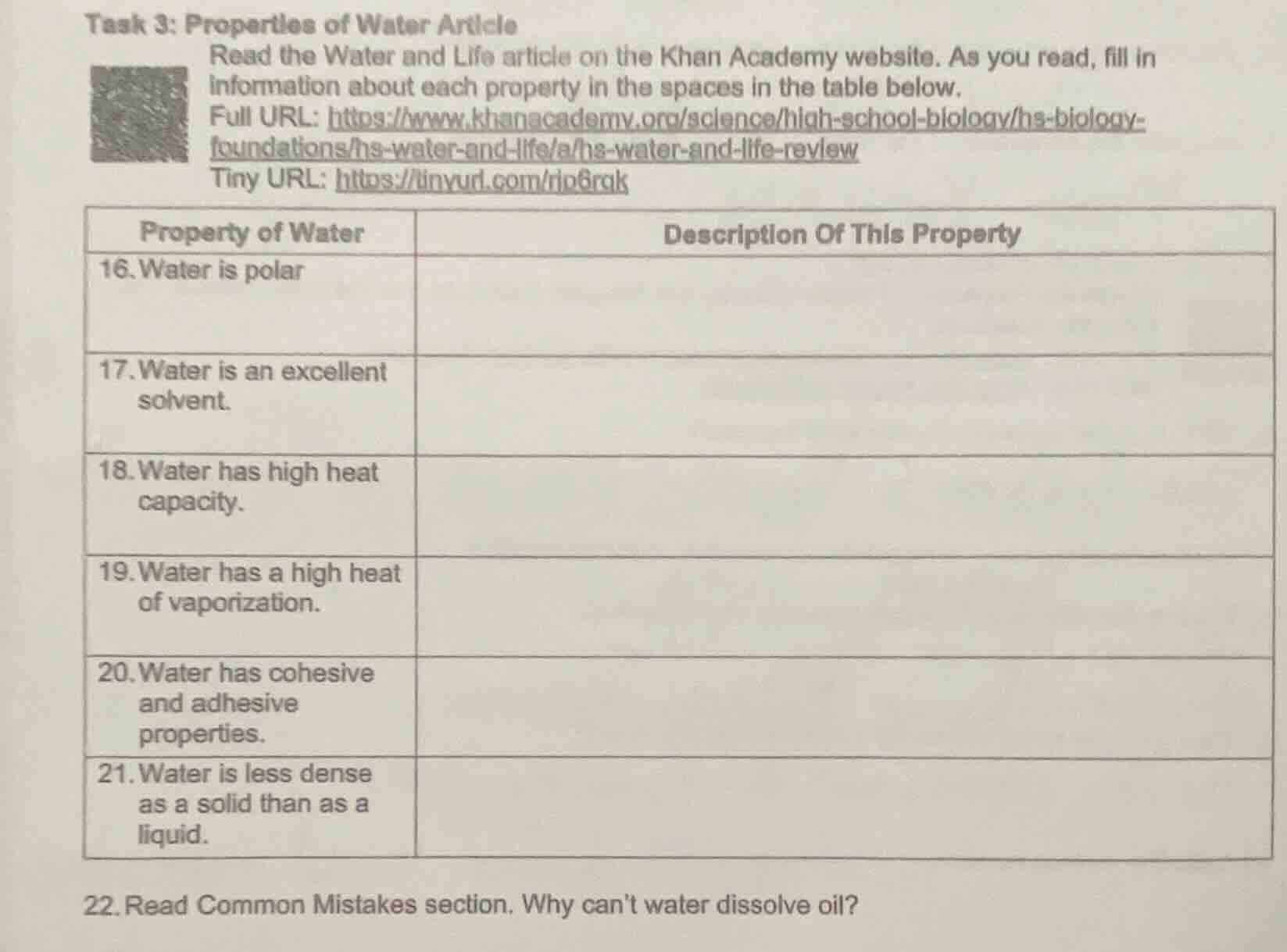task 3: properties of water article read the water and life article on …