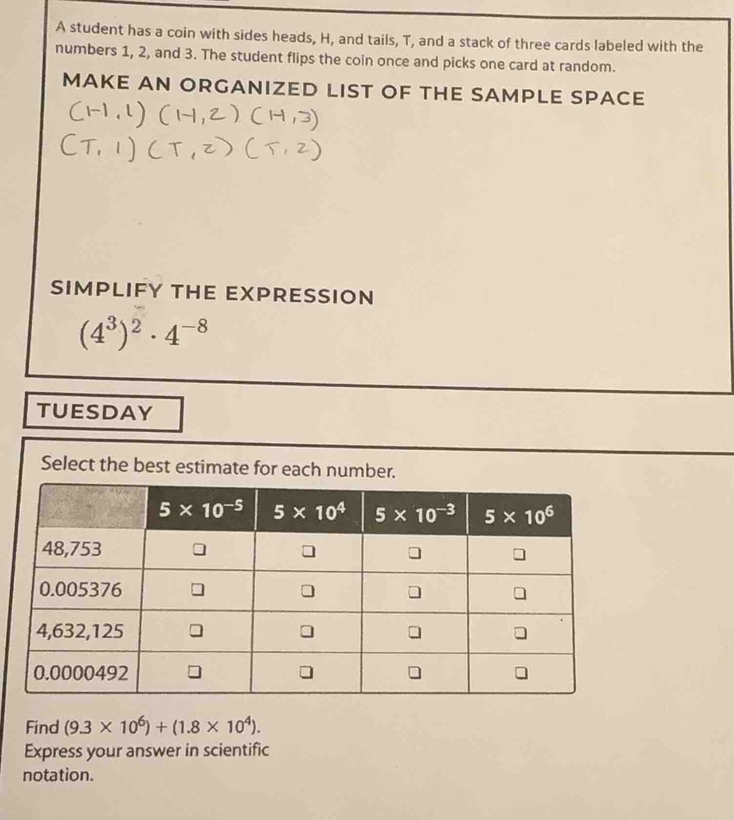 a student has a coin with sides heads, h, and tails, t, and a stack of …
