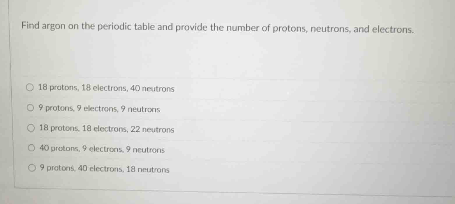 find argon on the periodic table and provide the number of protons, neu…