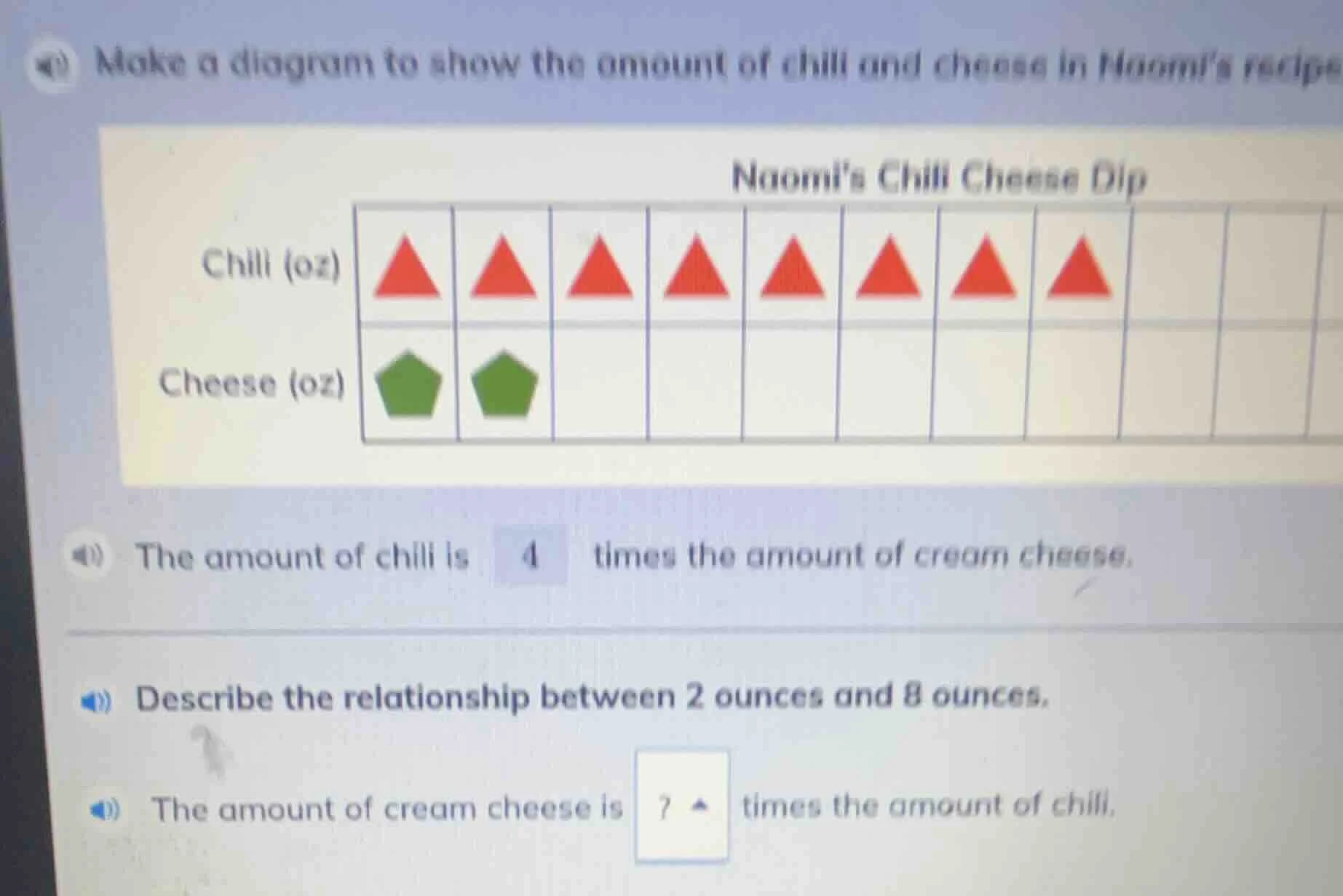 make a diagram to show the amount of chili and cheese in naomi’s recipe…