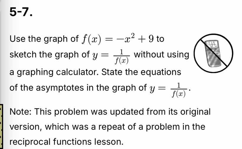 5-7. use the graph of $f(x) = -x^2 + 9$ to sketch the graph of $y = \\f…