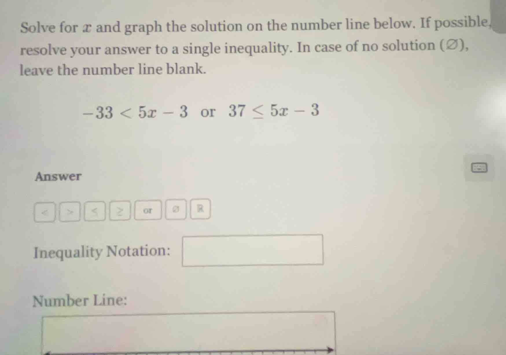 solve for ( x ) and graph the solution on the number line below. if pos…