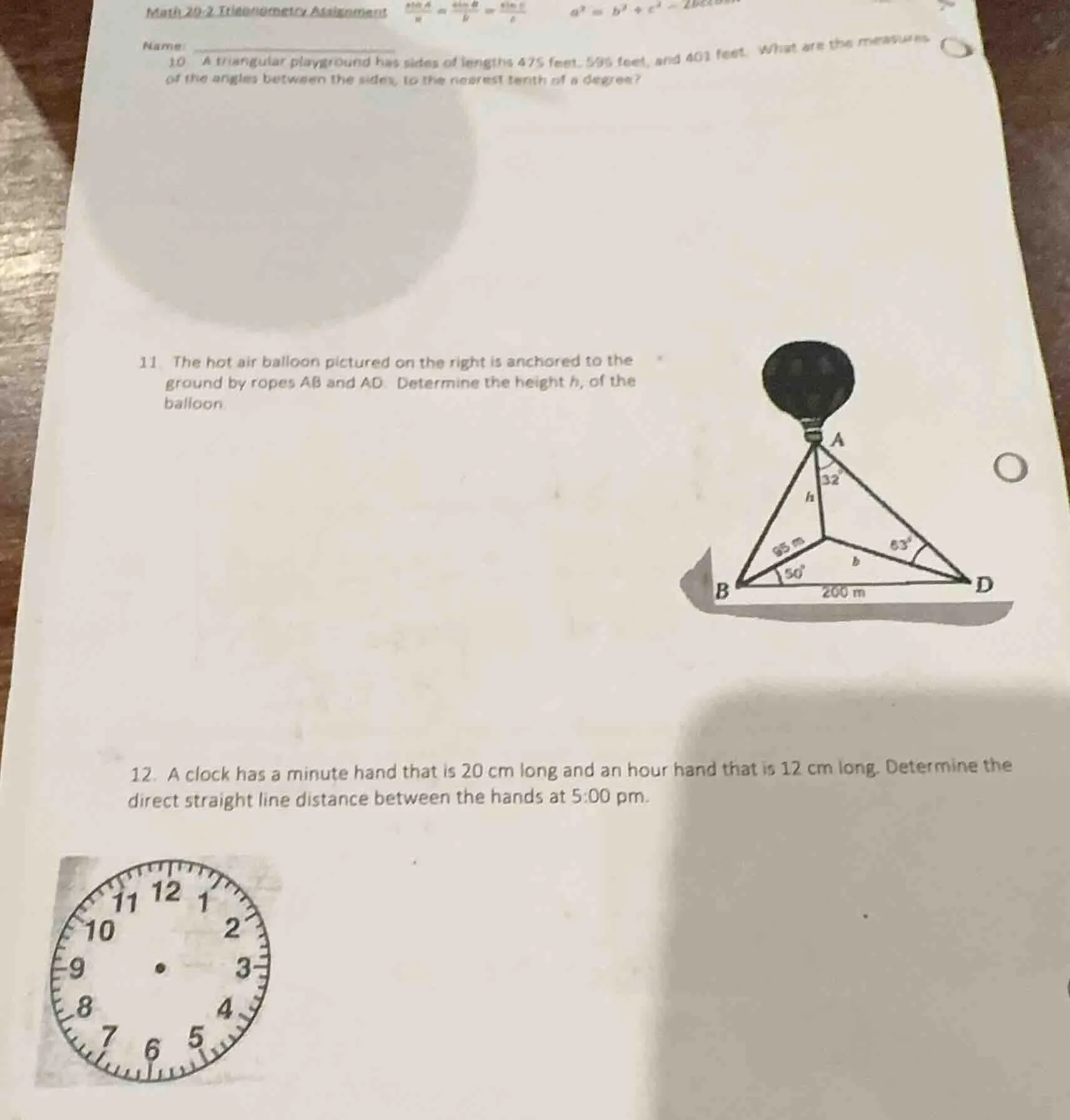 math 20-2 trigonometry assignment name: 10 a triangular playground has …