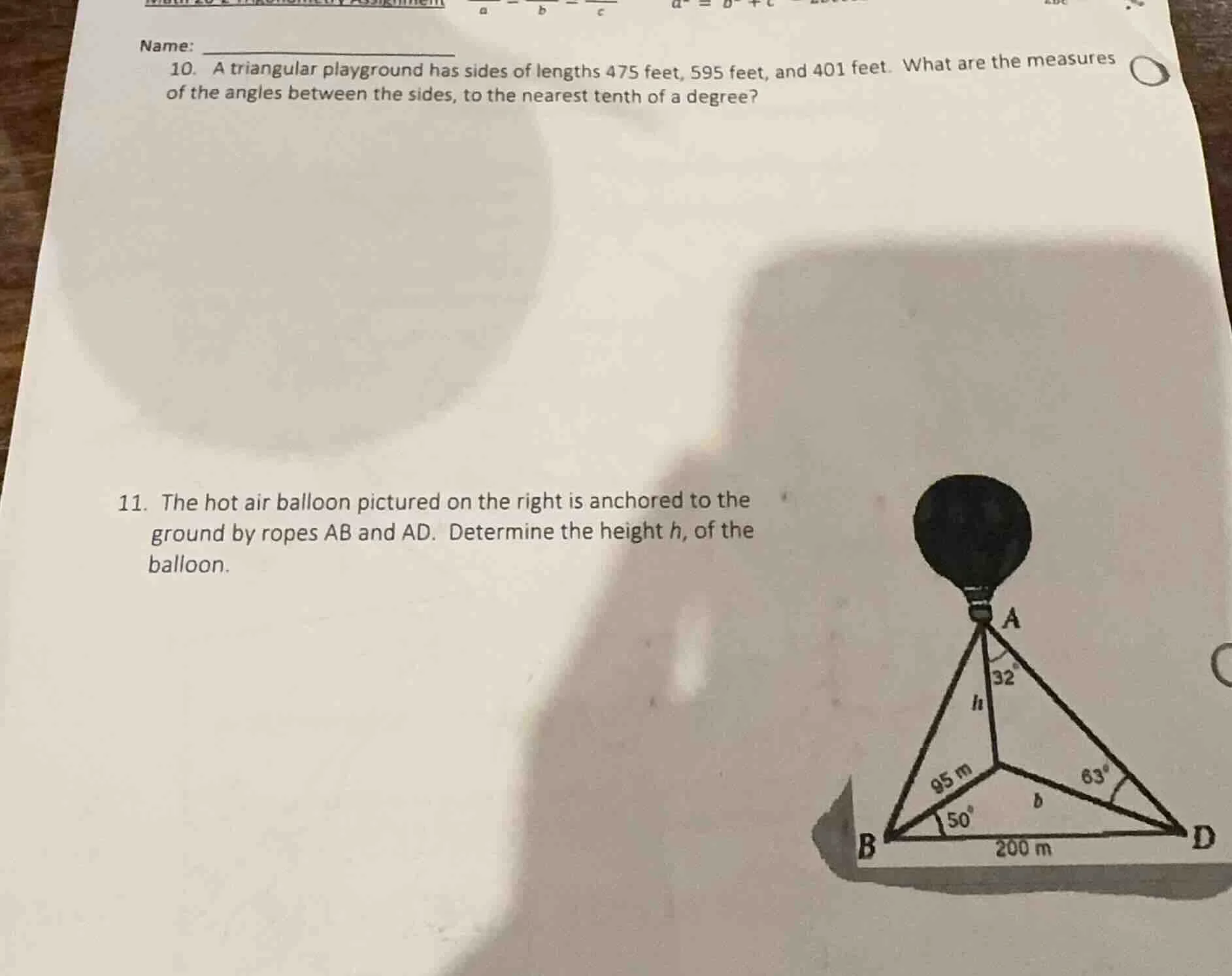 name: 10. a triangular playground has sides of lengths 475 feet, 595 fe…