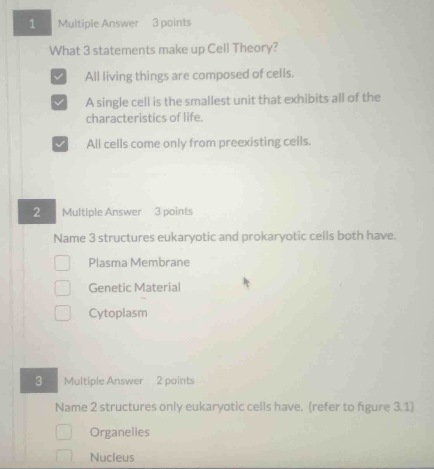 1 multiple answer 3 points what 3 statements make up cell theory? ☑ all…