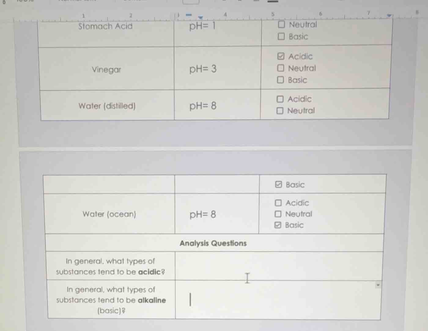 stomach acid ph= 1 ☐ neutral ☐ basic vinegar ph= 3 ☑ acidic ☐ neutral ☐…