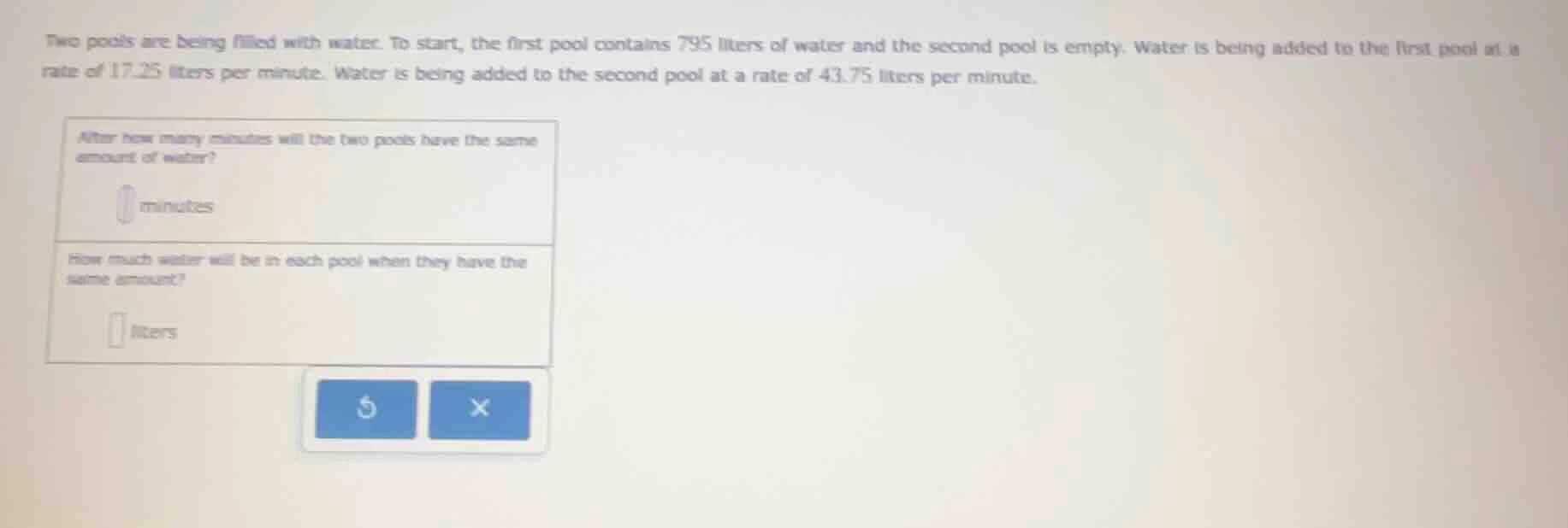 two pools are being filled with water. to start, the first pool contain…