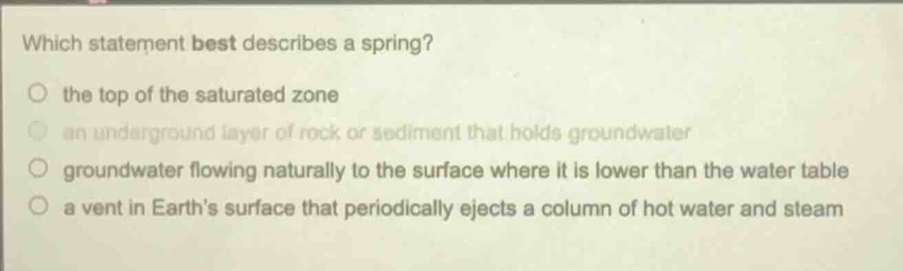 which statement best describes a spring? ○ the top of the saturated zon…