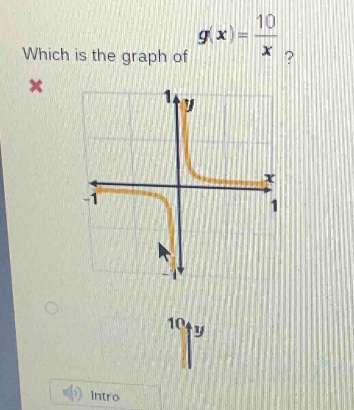 which is the graph of $g(x)=\\frac{10}{x}$? (there is an image of a coo…