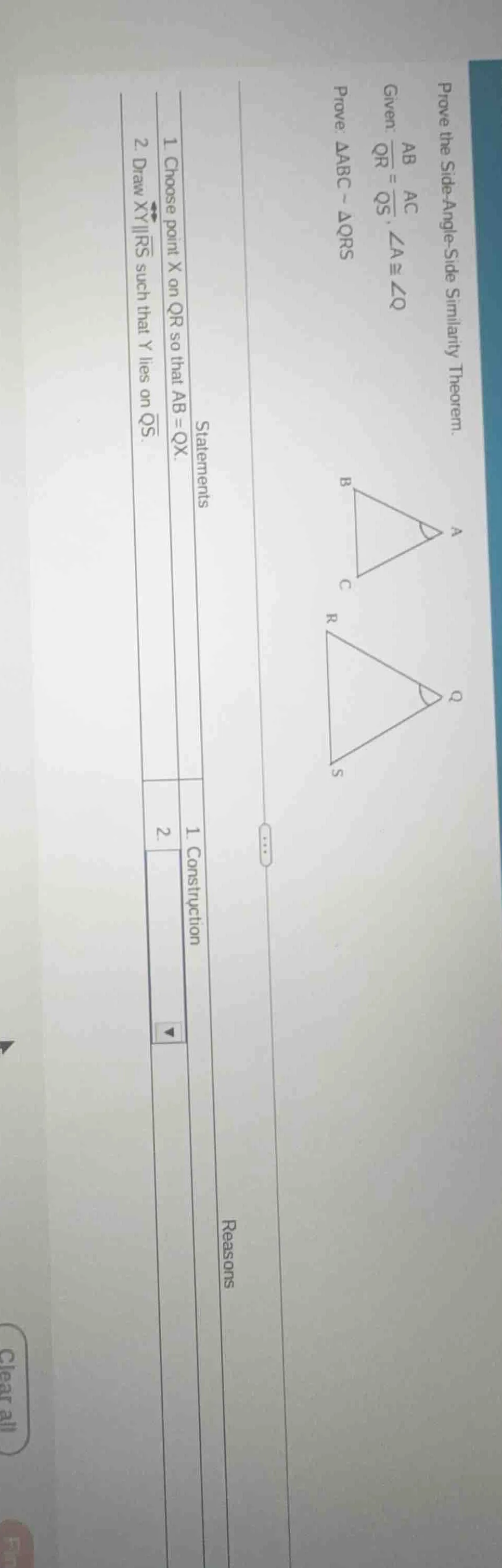 prove the side - angle - side similarity theorem. given: \\(\\frac{ab}{…