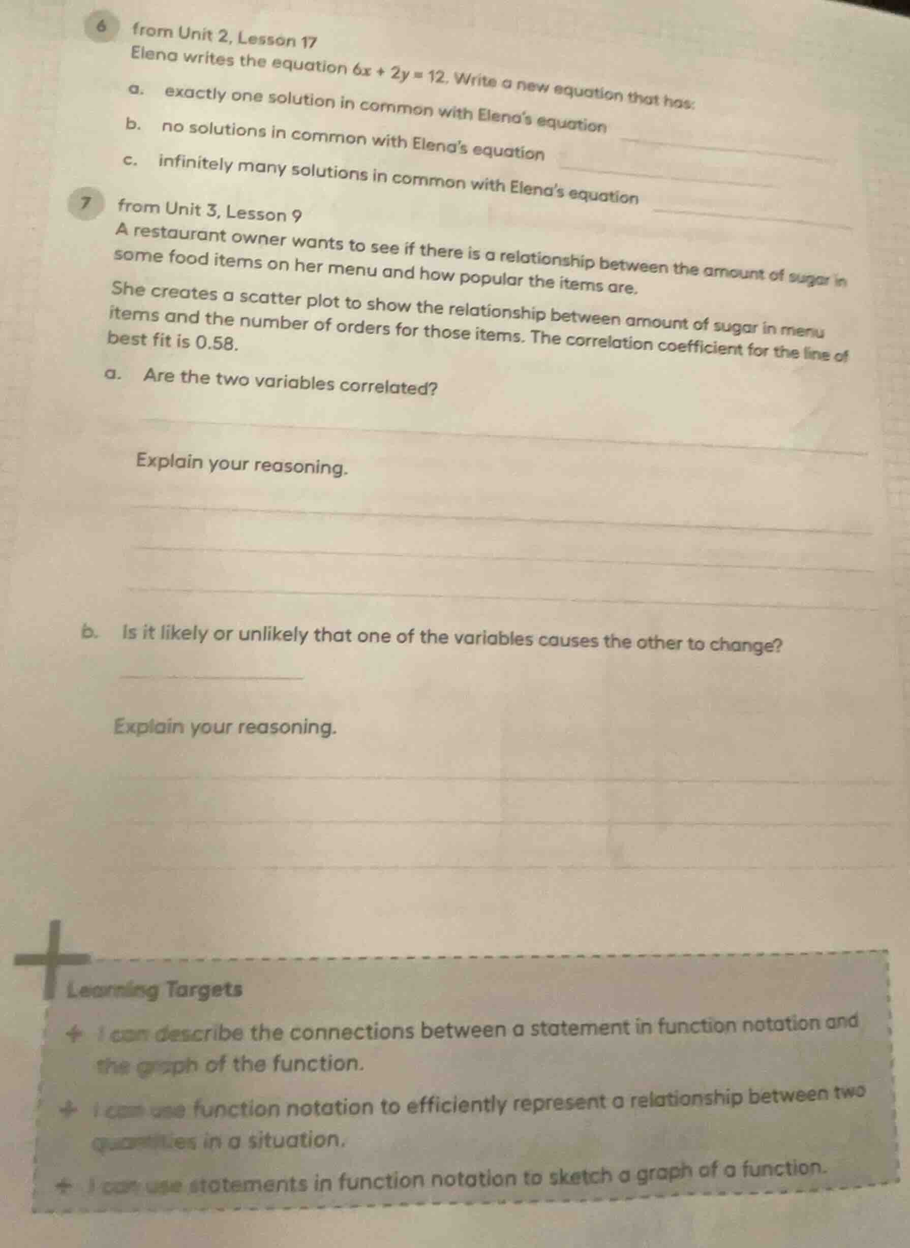 6 from unit 2, lesson 17 elena writes the equation $6x + 2y = 12$. writ…