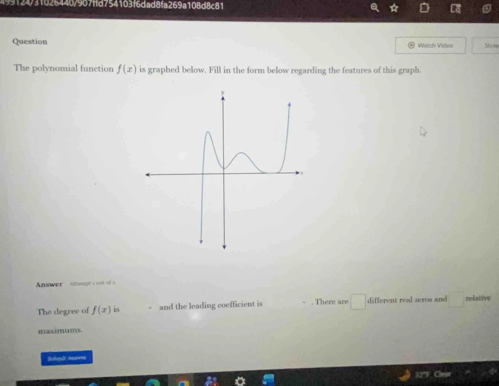 question the polynomial function $f(x)$ is graphed below. fill in the f…