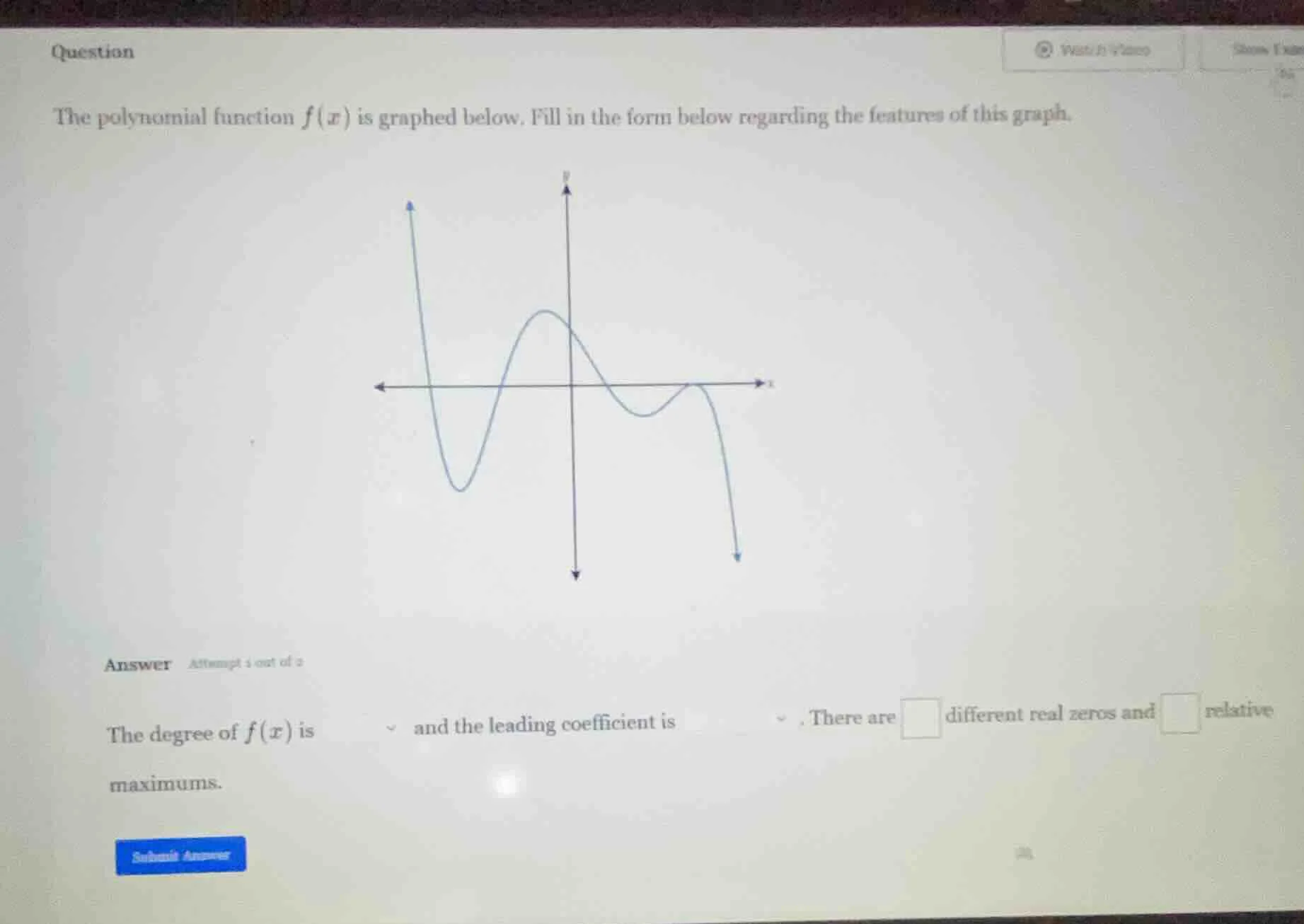 question the polynomial function $f(x)$ is graphed below. fill in the f…