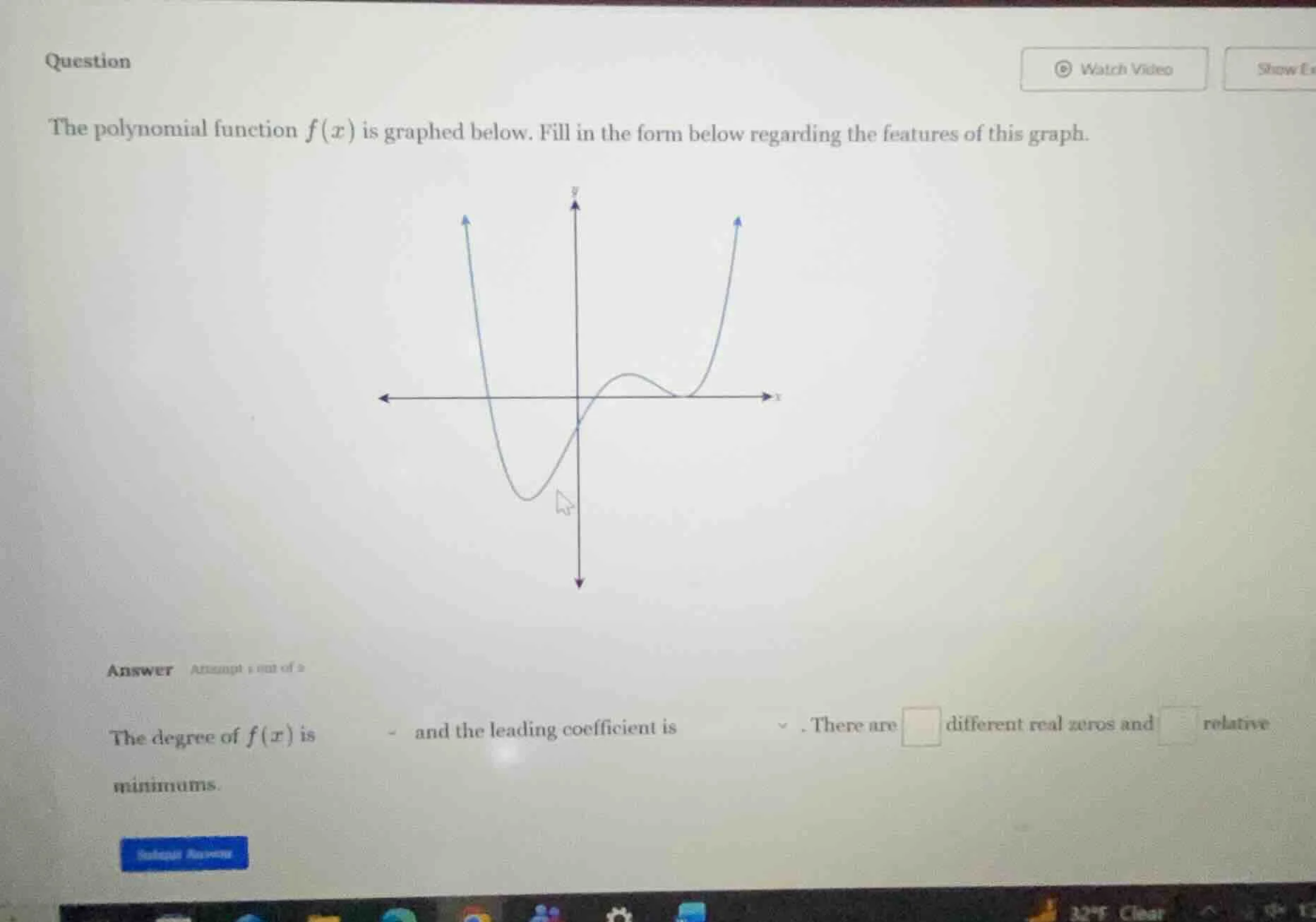question the polynomial function $f(x)$ is graphed below. fill in the f…