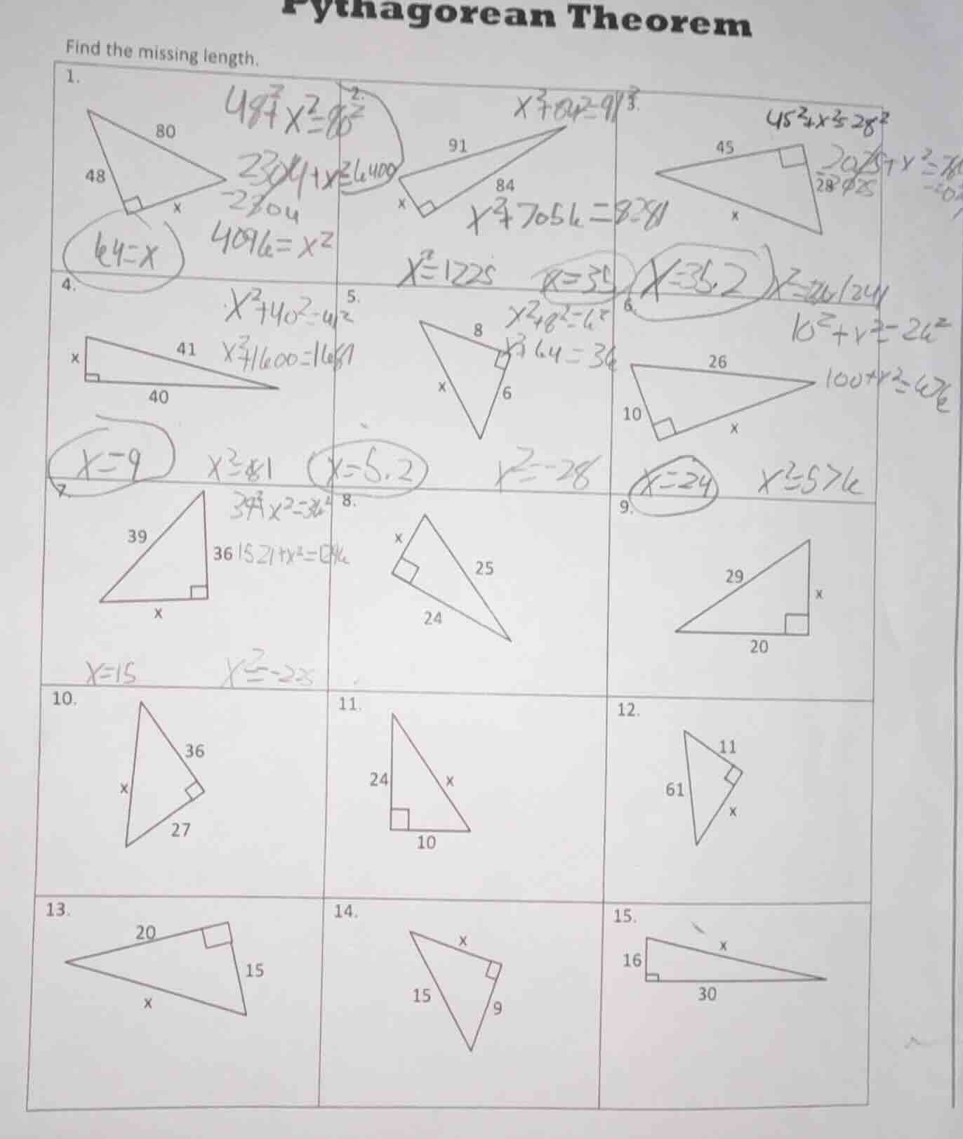 pythagorean theorem find the missing length. 1. (right triangle with le…
