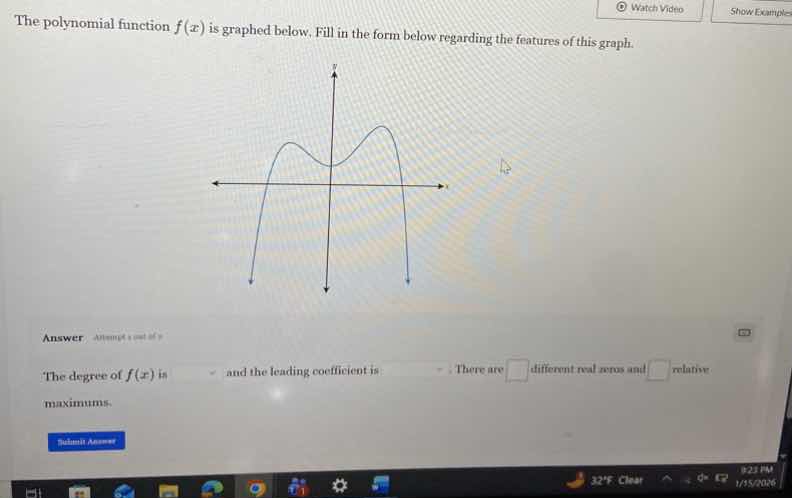 the polynomial function $f(x)$ is graphed below. fill in the form below…