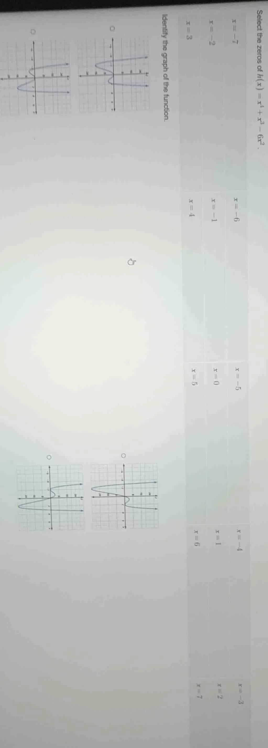 select the zeros of $h(x) = x^4 + x^3 - 6x^2$. identify the graph of th…