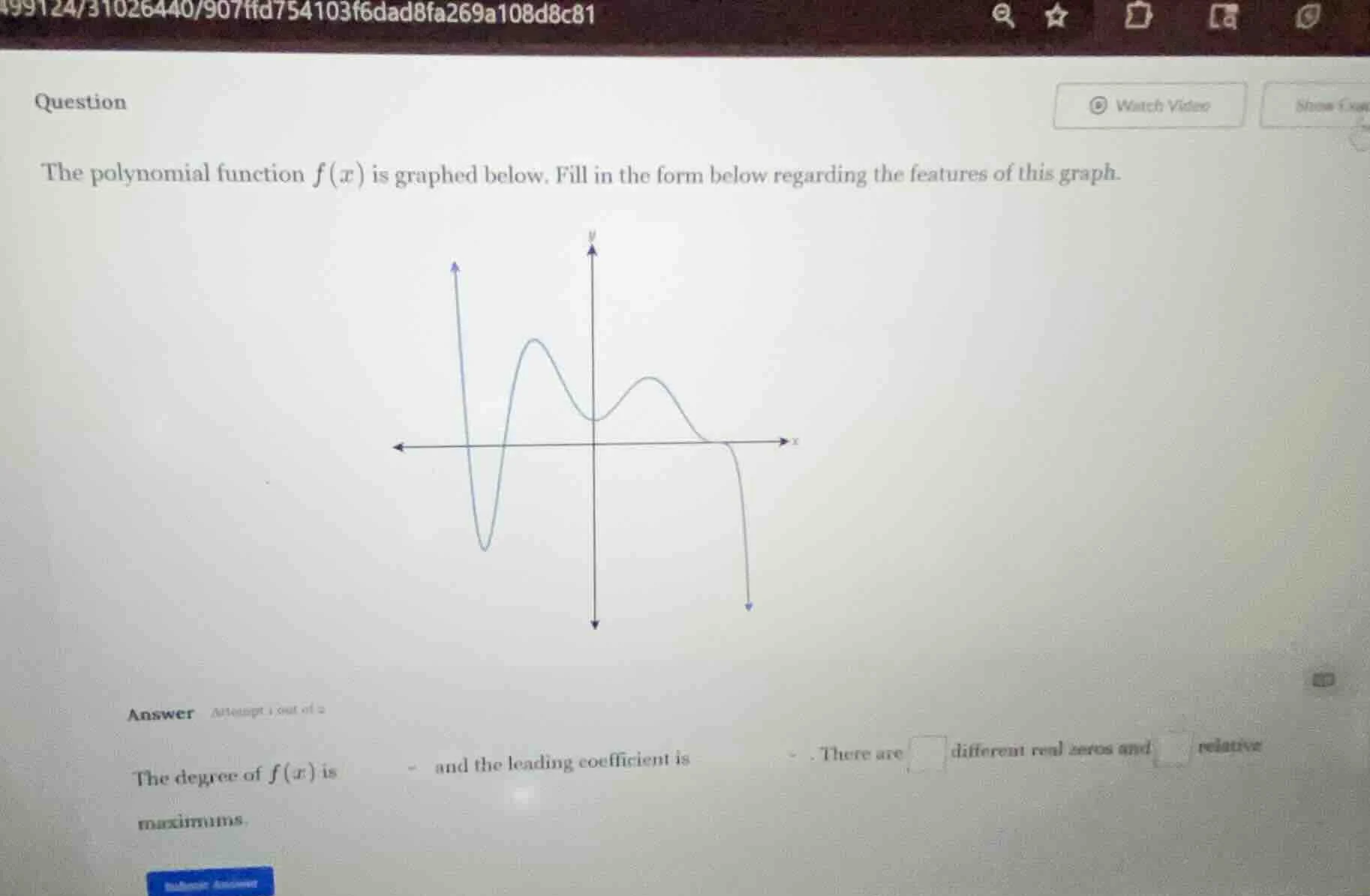 question the polynomial function $f(x)$ is graphed below. fill in the f…