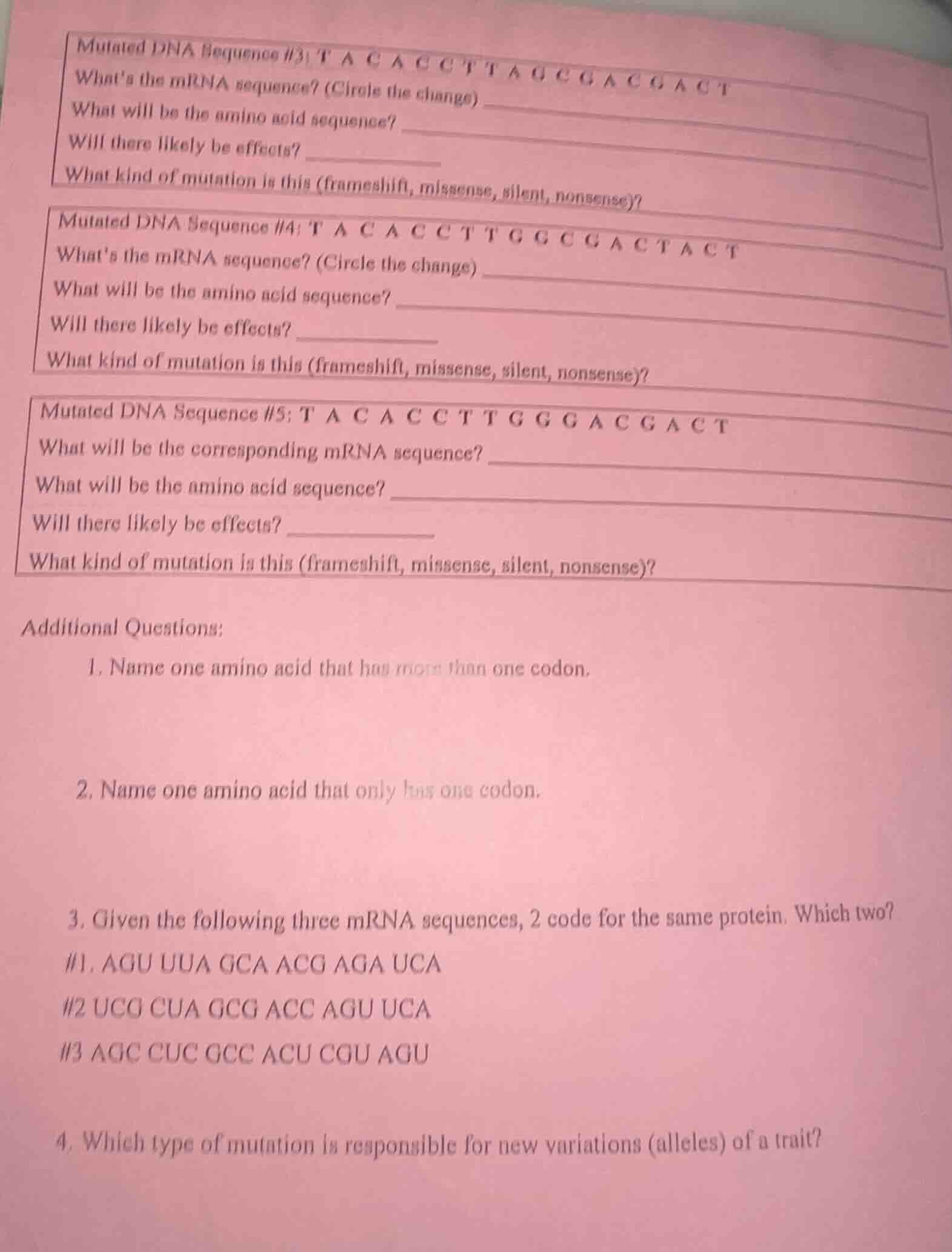 mutated dna sequence #3: t a c a c c t t a g c g a c g a c t whats the …