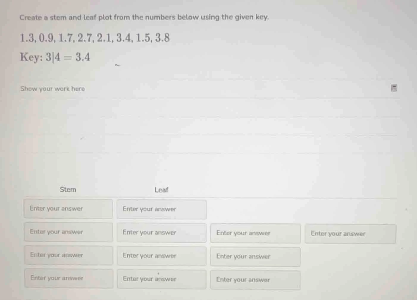 create a stem and leaf plot from the numbers below using the given key.…
