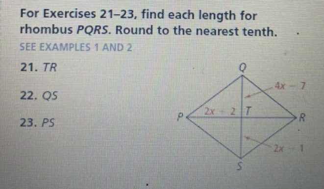 for exercises 21–23, find each length for rhombus pqrs. round to the ne…