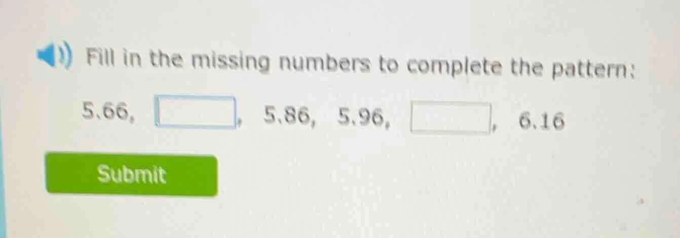 fill in the missing numbers to complete the pattern; 5.66, , 5.86, 5.96…