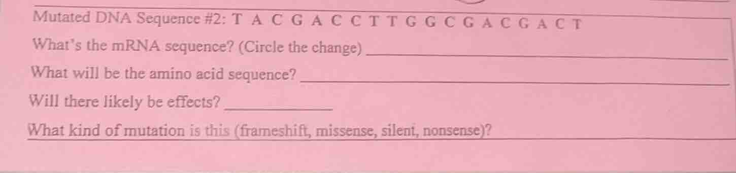 mutated dna sequence #2: t a c g a c c t t g g c g a c g a c t whats th…