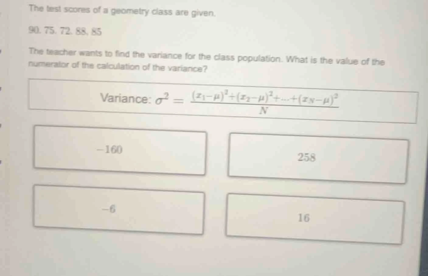 the test scores of a geometry class are given. 90, 75, 72, 88, 85 the t…