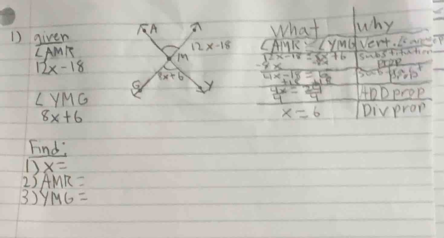 1) given \\( \\angle amr \\) \\( 12x - 18 \\) \\( \\angle ymg \\) \\( 8…