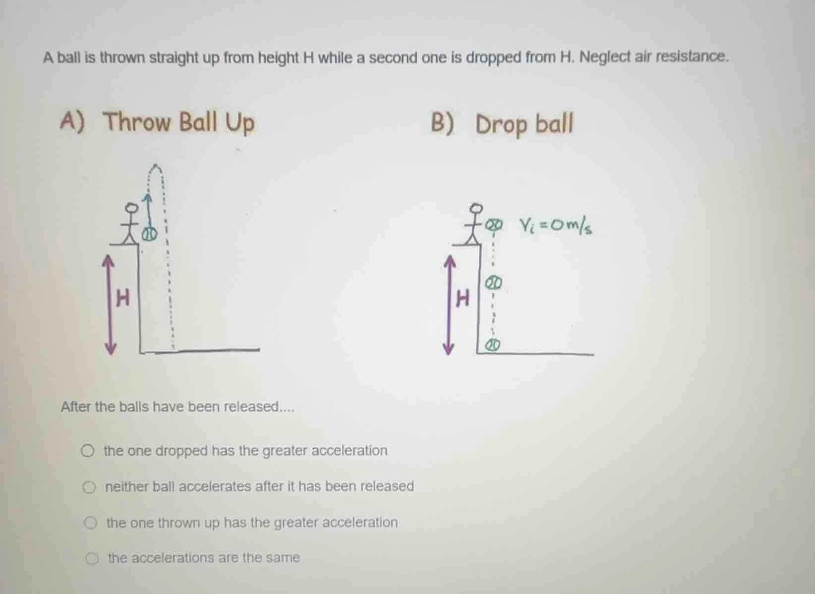 a ball is thrown straight up from height h while a second one is droppe…