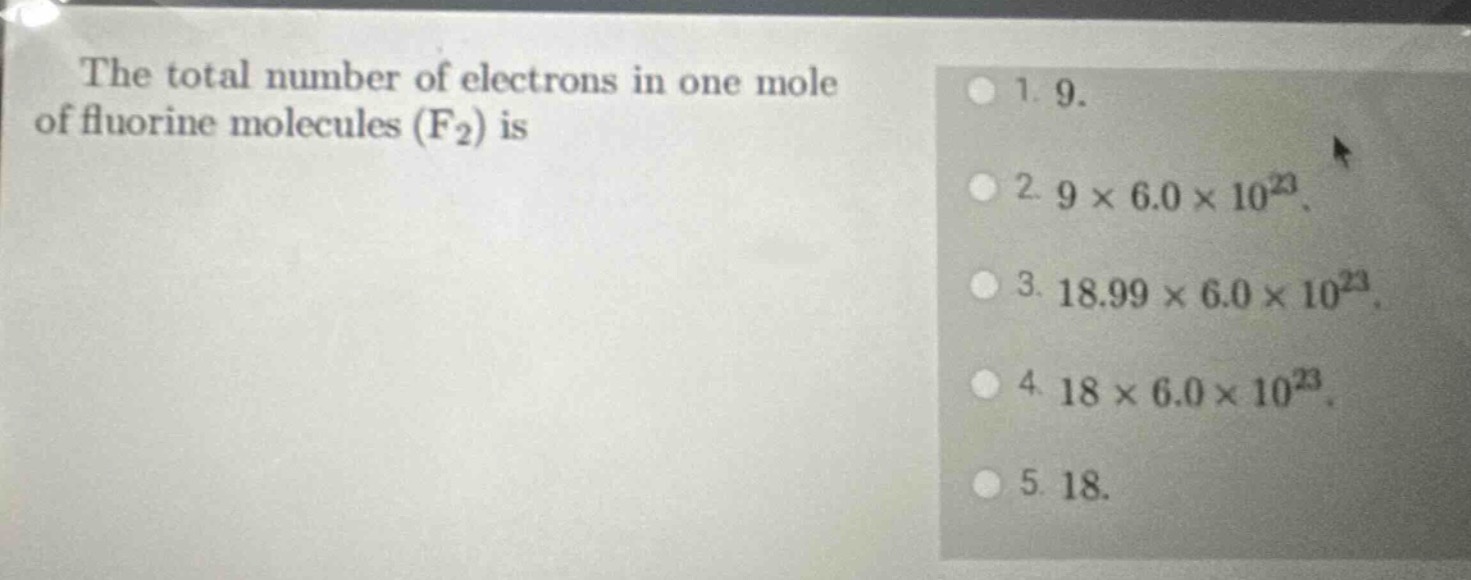 the total number of electrons in one mole of fluorine molecules (f₂) is…