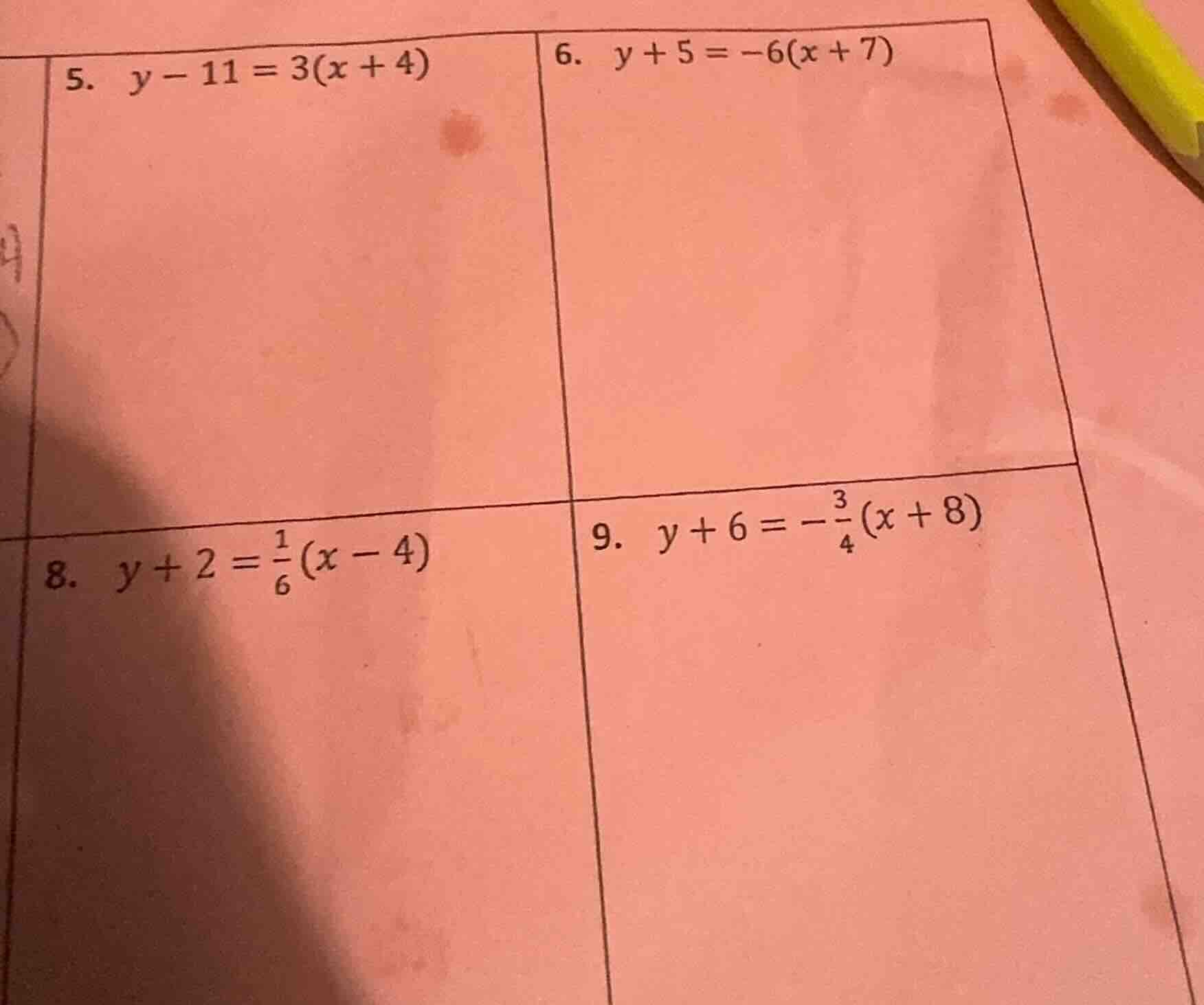 5. $y - 11 = 3(x + 4)$ 6. $y + 5 = -6(x + 7)$ 8. $y + 2 = \\frac{1}{6}(…
