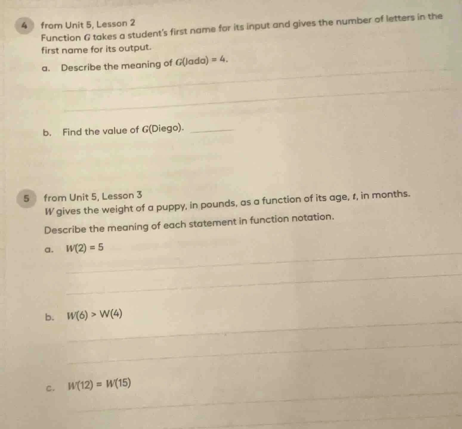 4 from unit 5, lesson 2 function g takes a students first name for its …