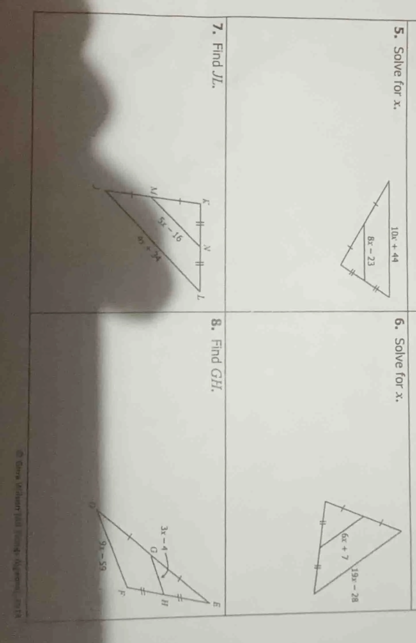 5. solve for x. 7. find jl. 8. find gh. 6. solve for x.