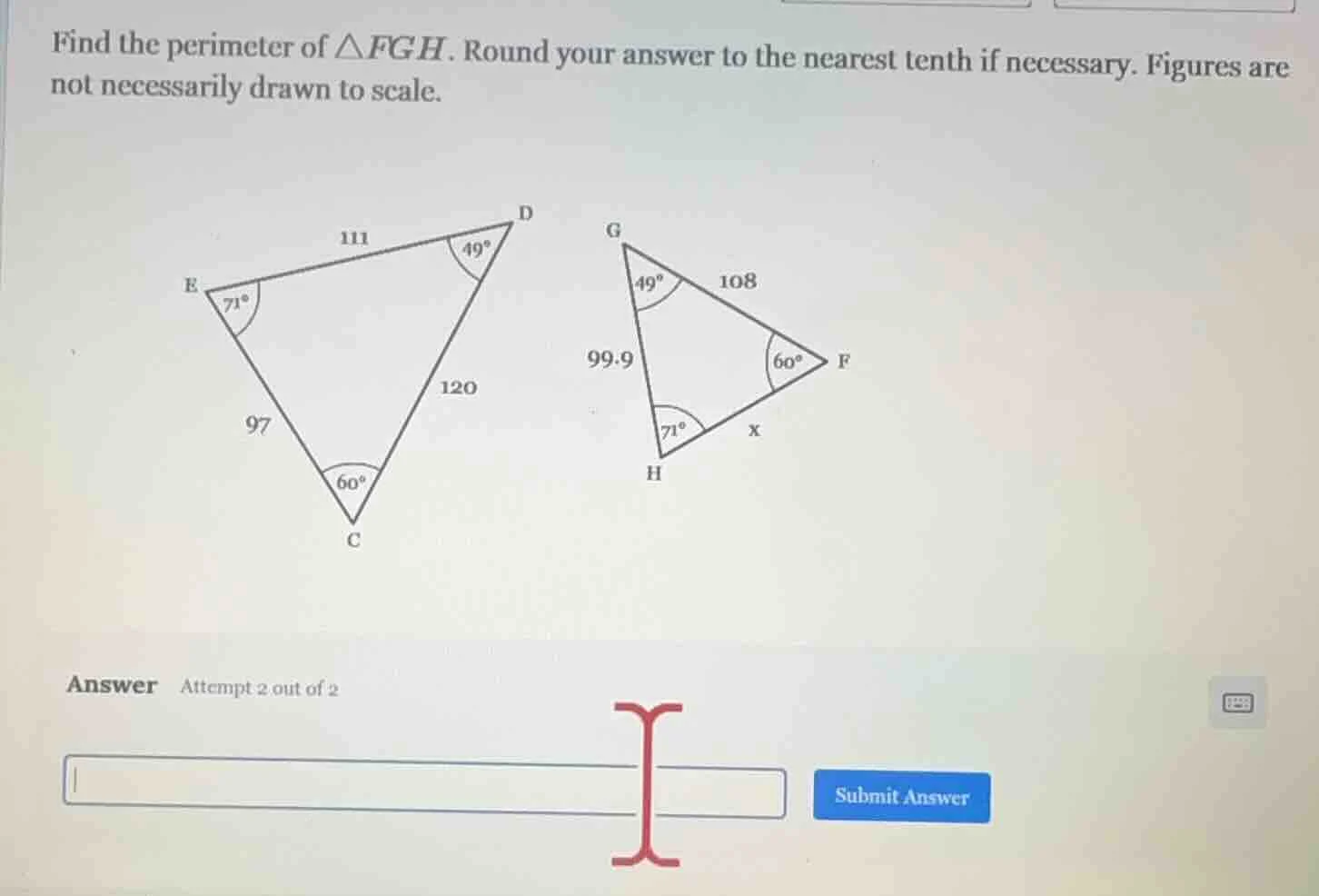 find the perimeter of $\\triangle fgh$. round your answer to the neares…