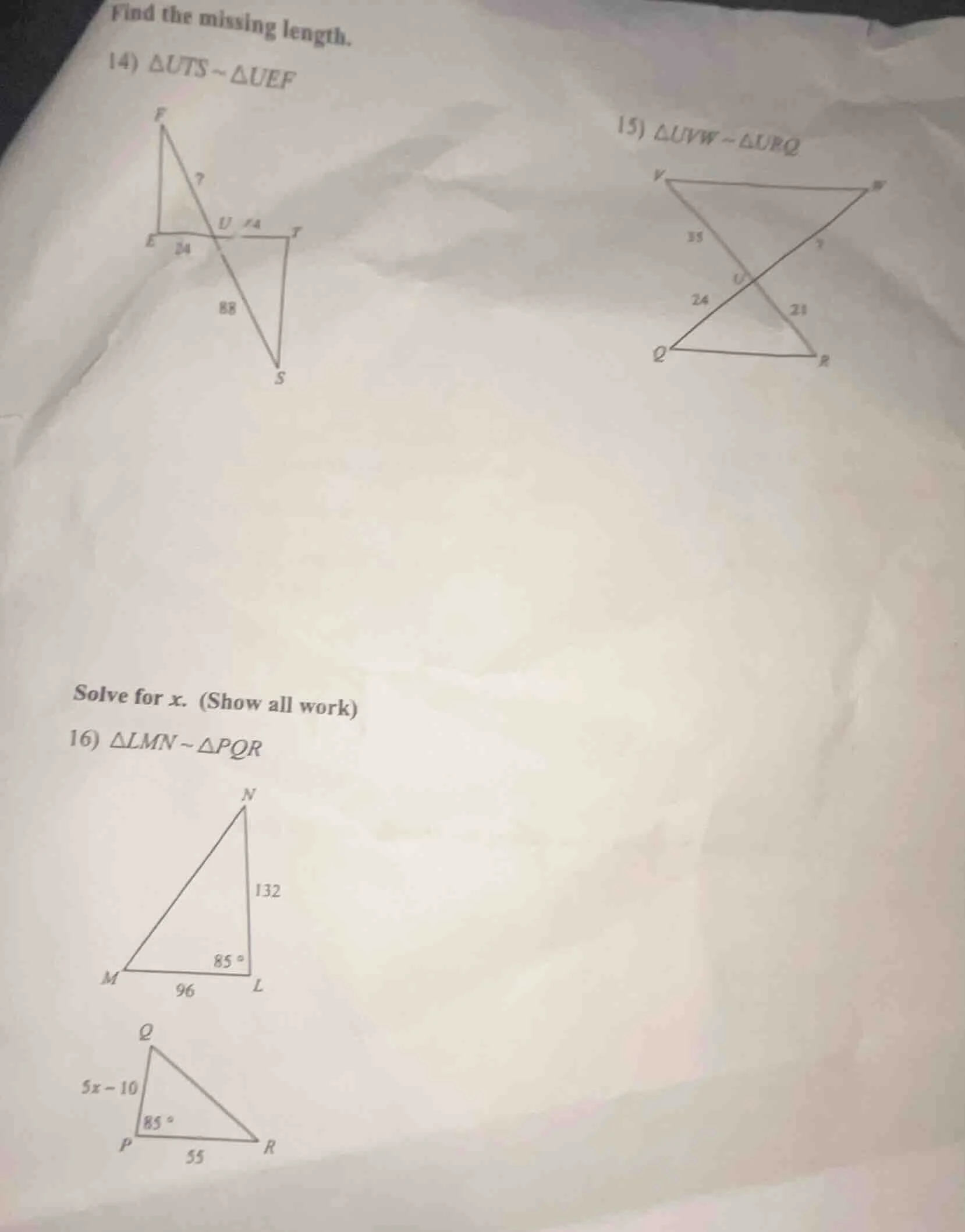 find the missing length. 14) $\\triangle uts \\sim \\triangle uef$ 15) …