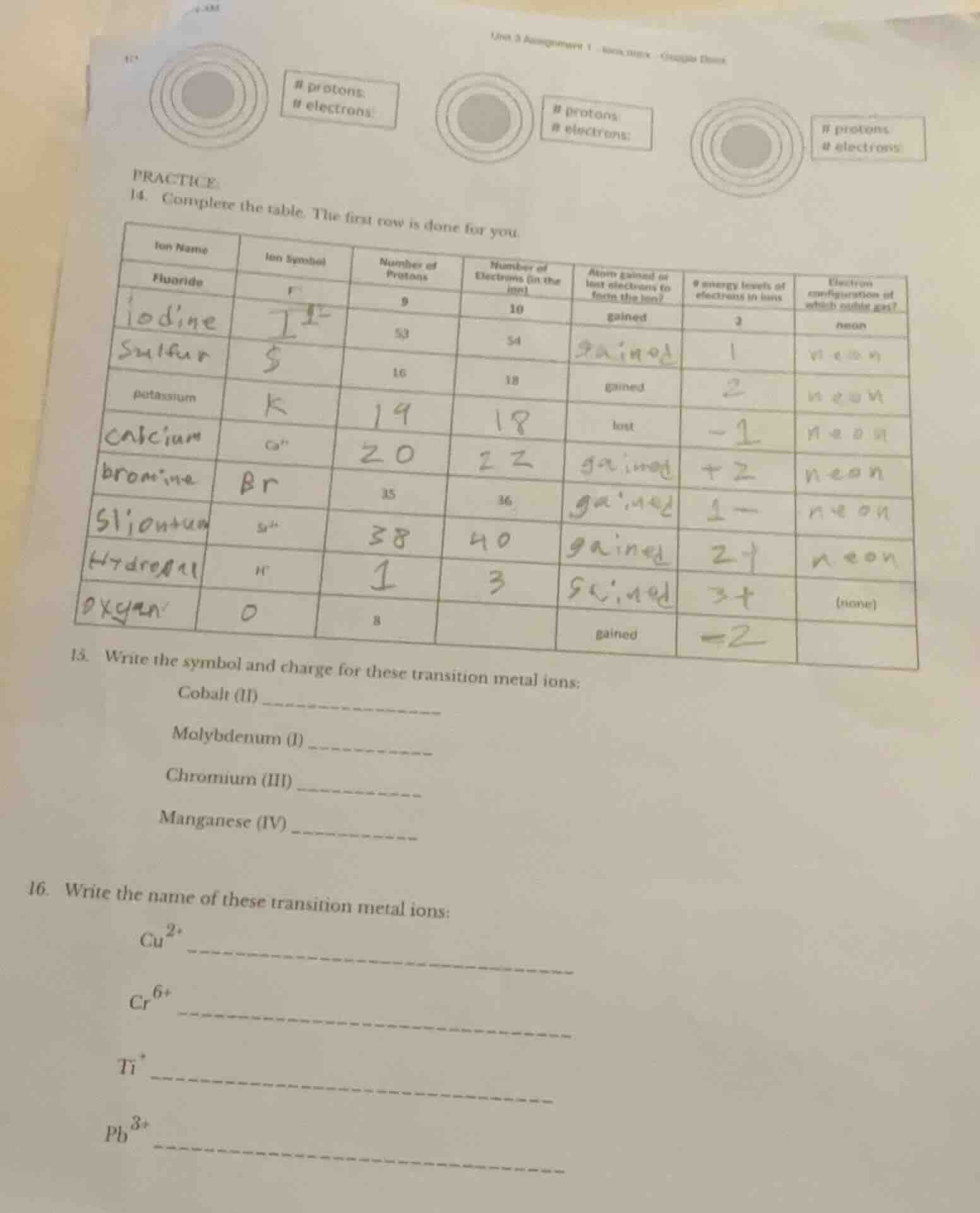 practice 14. complete the table. the first row is done for you. | ion n…