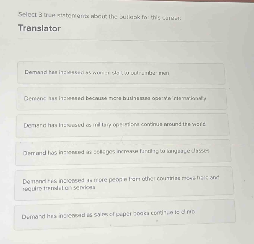 select 3 true statements about the outlook for this career: translator …