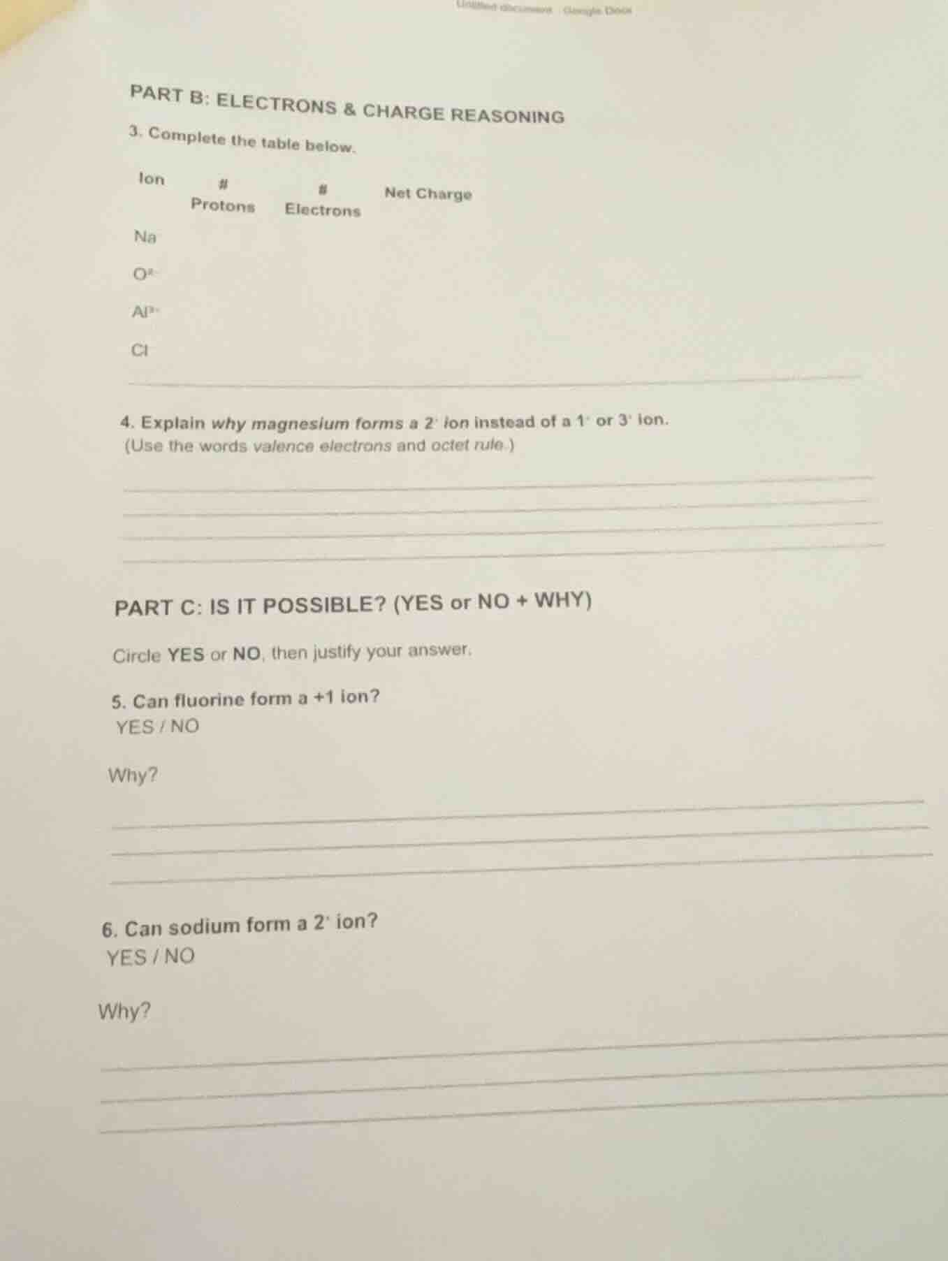part b: electrons & charge reasoning 3. complete the table below. ion \…