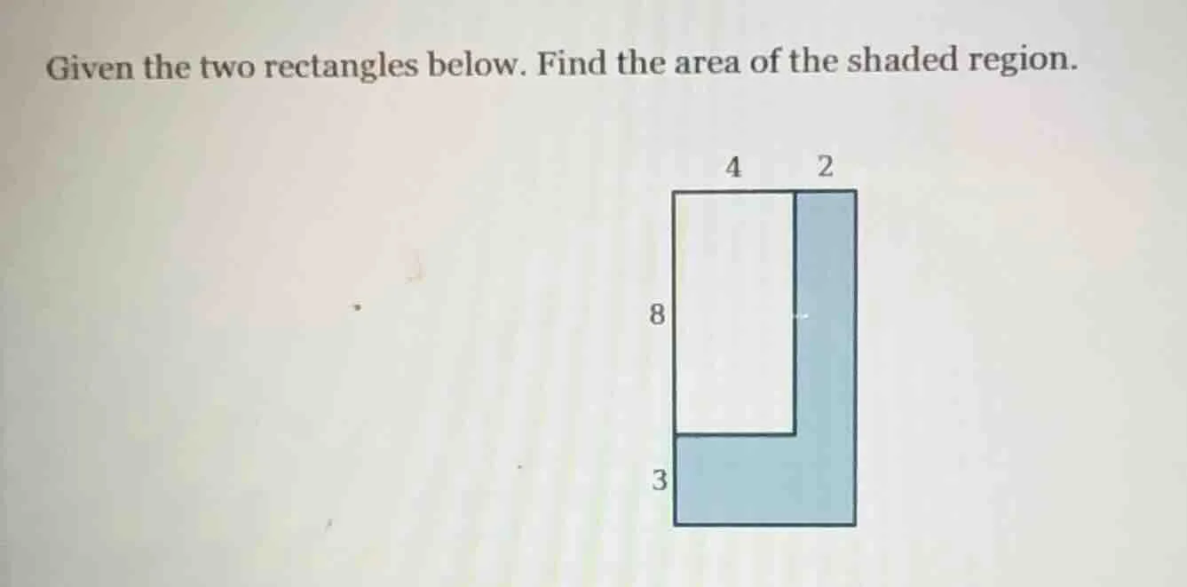 given the two rectangles below. find the area of the shaded region. 4 2…
