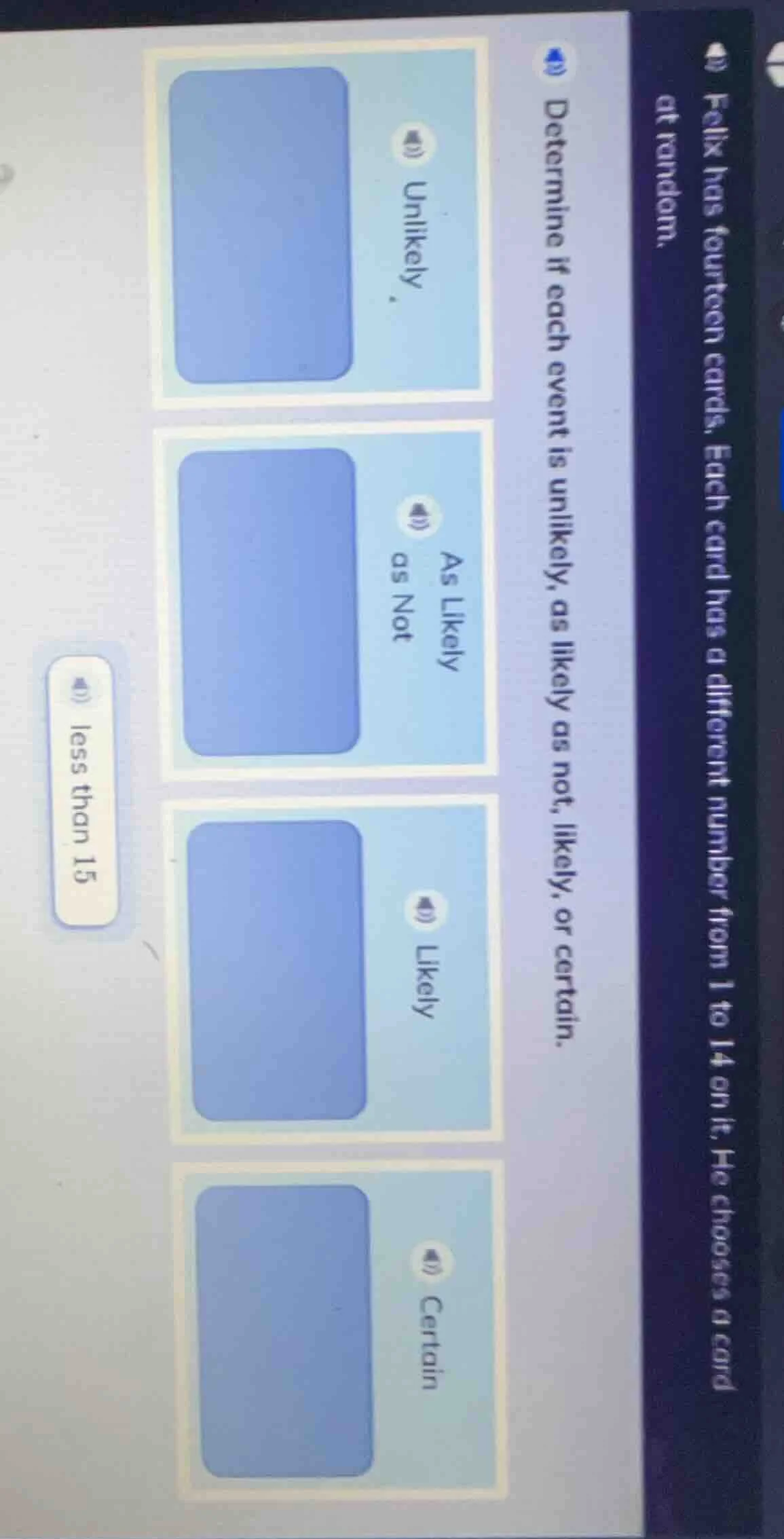 felix has fourteen cards. each card has a different number from 1 to 14…